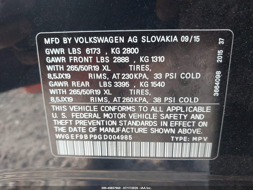 2016 Volkswagen Touareg Vr6 Lux VIN: WVGEF9BP9GD004985 Lot: 45657660