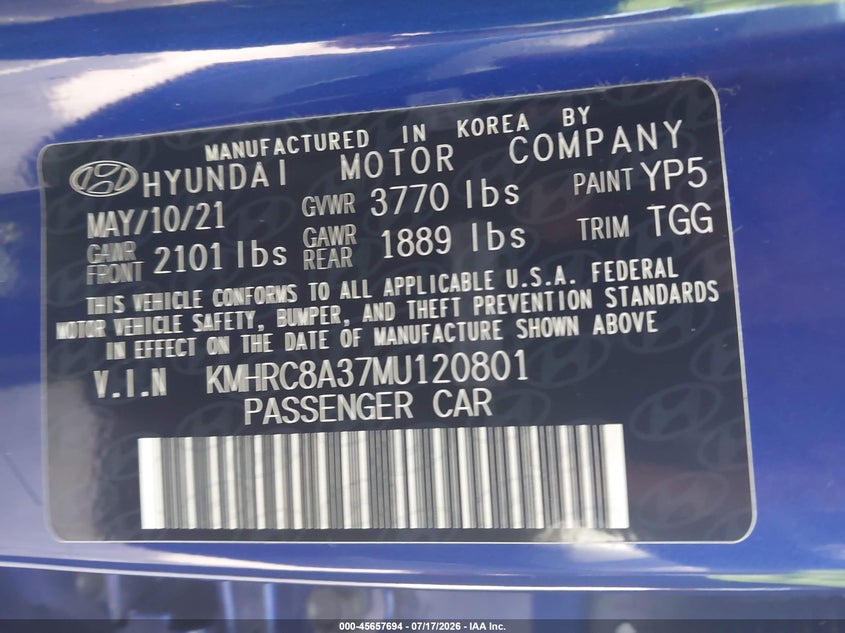 2021 Hyundai Venue Sel VIN: KMHRC8A37MU120801 Lot: 45657694