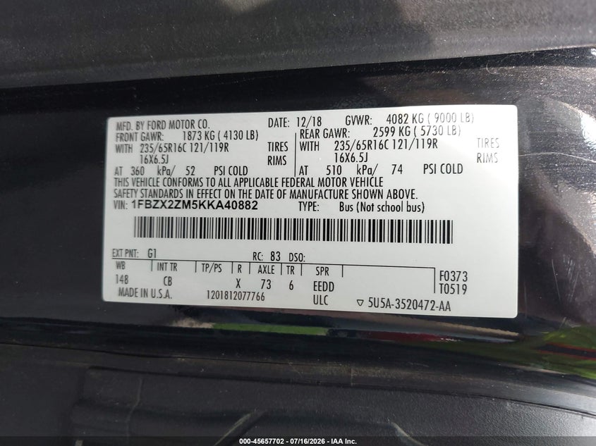 2019 Ford Transit-350 Xl VIN: 1FBZX2ZM5KKA40882 Lot: 45657702