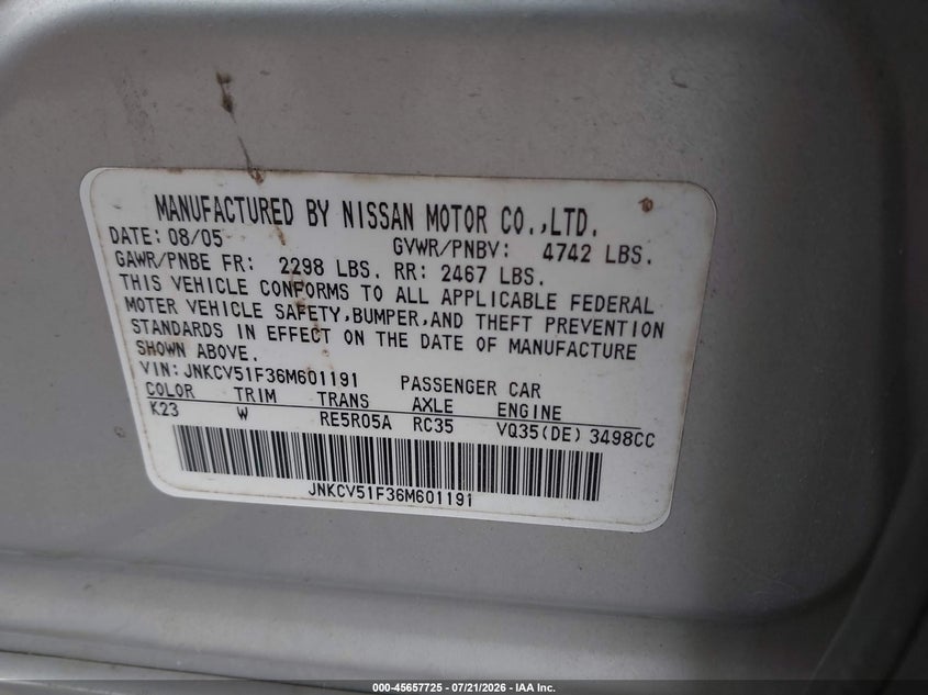 2006 Infiniti G35X VIN: JNKCV51F36M601191 Lot: 45657725