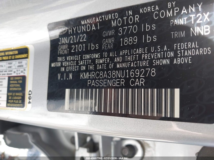 2022 Hyundai Venue Sel VIN: KMHRC8A38NU169278 Lot: 45657765