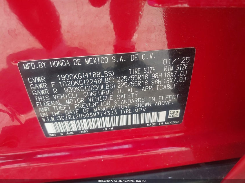 2025 Honda Hr-V Awd Sport VIN: 3CZRZ2H50SM774333 Lot: 45657774