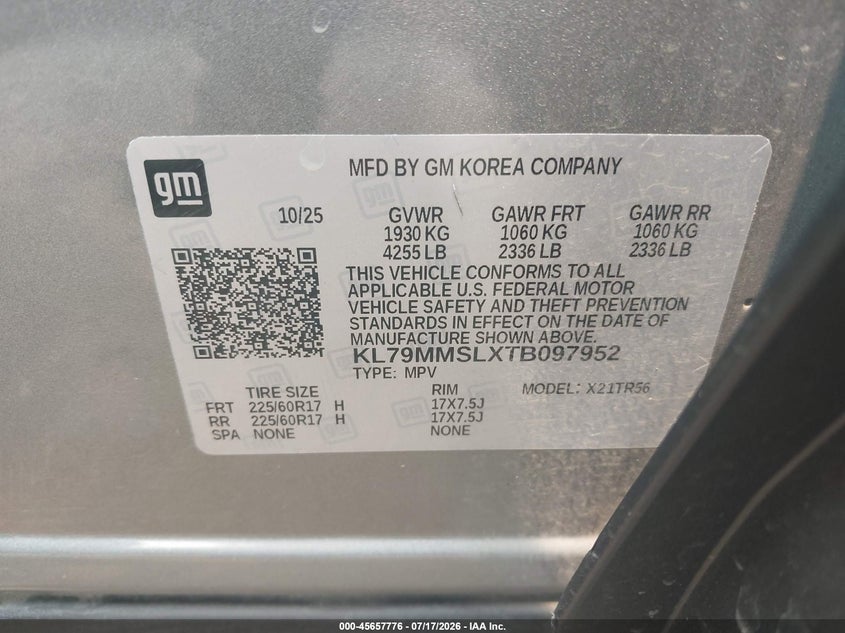 2026 Chevrolet Trailblazer Fwd Ls VIN: KL79MMSLXTB097952 Lot: 45657776