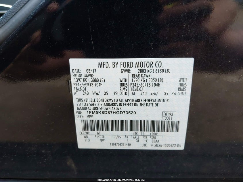 2017 Ford Explorer Xlt VIN: 1FM5K8D87HGD73520 Lot: 45657796