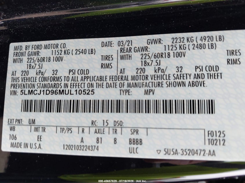 2021 Lincoln Corsair Standard VIN: 5LMCJ1D96MUL10525 Lot: 45657829