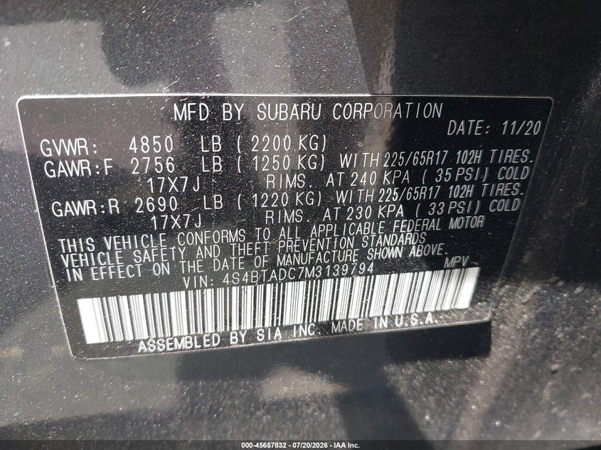 2021 Subaru Outback Premium VIN: 4S4BTADC7M3139794 Lot: 45657832