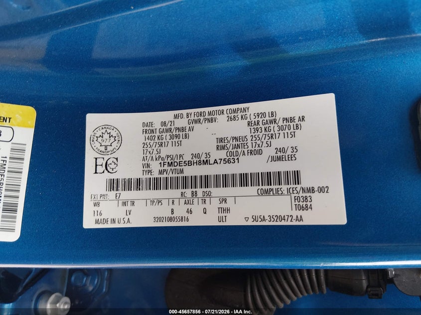 2021 Ford Bronco Big Bend VIN: 1FMDE5BH8MLA75631 Lot: 45657856