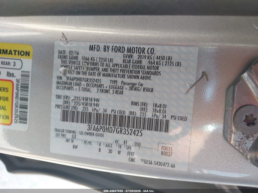2016 Ford Fusion Se VIN: 3FA6P0HD7GR352425 Lot: 45657858