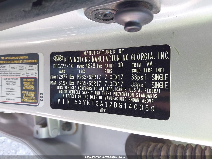 2011 Kia Sorento Lx VIN: 5XYKT3A12BG140069 Lot: 45657888