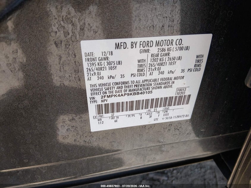 2019 Ford Edge St VIN: 2FMPK4AP9KBB40105 Lot: 45657903