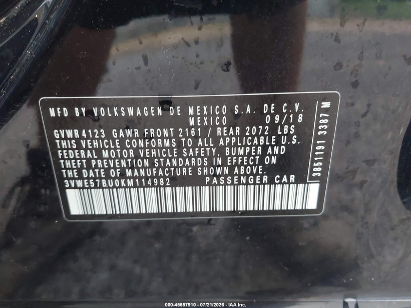 2019 Volkswagen Jetta 1.4T Sel VIN: 3VWE57BU0KM114982 Lot: 45657910