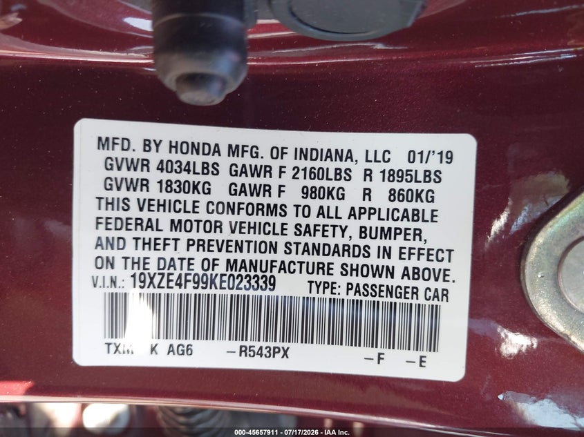 2019 Honda Insight Touring VIN: 19XZE4F99KE023339 Lot: 45657911