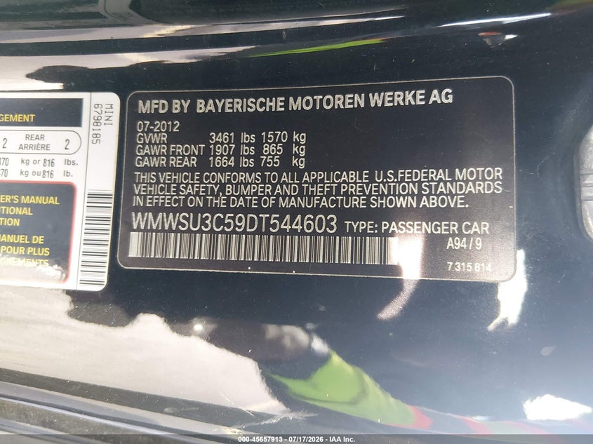 2013 Mini Hardtop Cooper VIN: WMWSU3C59DT544603 Lot: 45657913
