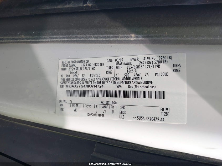 2022 Ford Transit-350 Passenger Van Xl VIN: 1FBAX2YG4NKA14724 Lot: 45657936