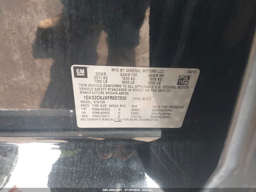 2015 GMC Yukon Denali VIN: 1GKS2CKJXFR657830 Lot: 45657951