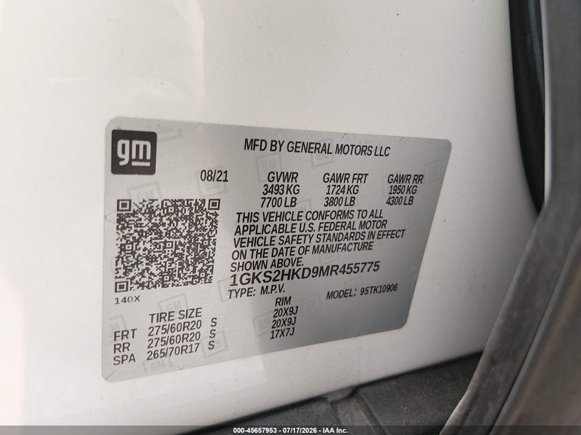 2021 GMC Yukon Xl 4Wd At4 VIN: 1GKS2HKD9MR455775 Lot: 45657953