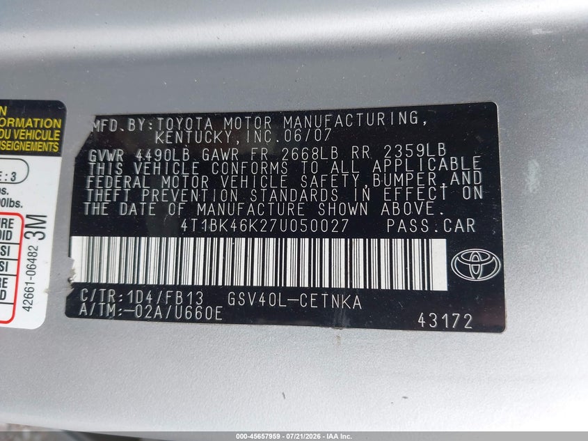2007 Toyota Camry Le V6 VIN: 4T1BK46K27U050027 Lot: 45657959