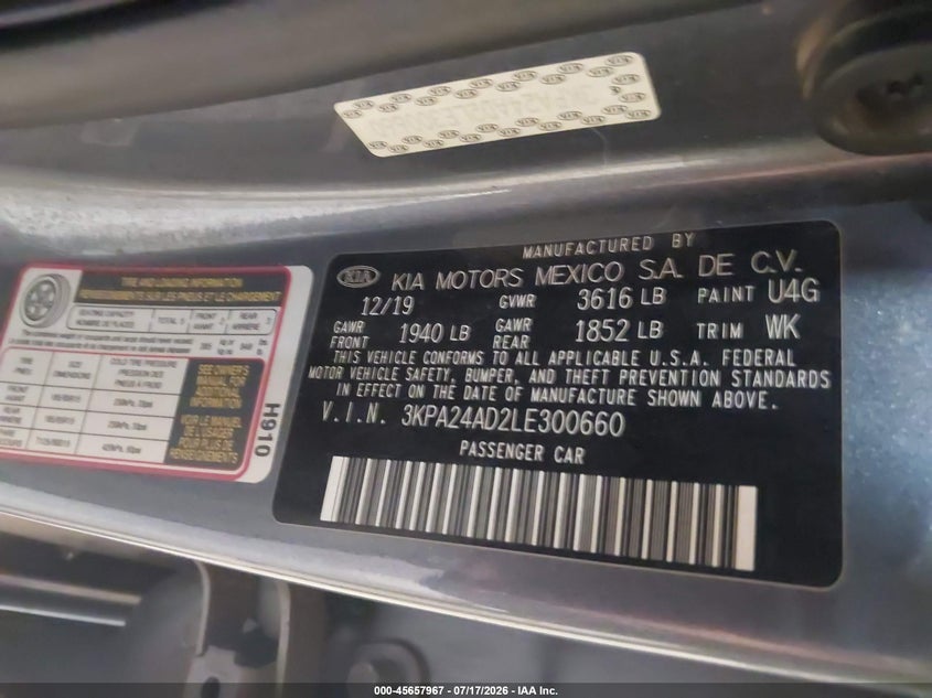 2020 Kia Rio S VIN: 3KPA24AD2LE300660 Lot: 45657967