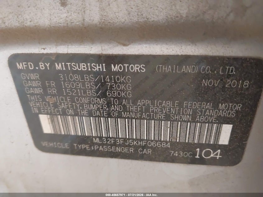 2019 Mitsubishi Mirage G4 Es VIN: ML32F3FJ5KHF06684 Lot: 45657971