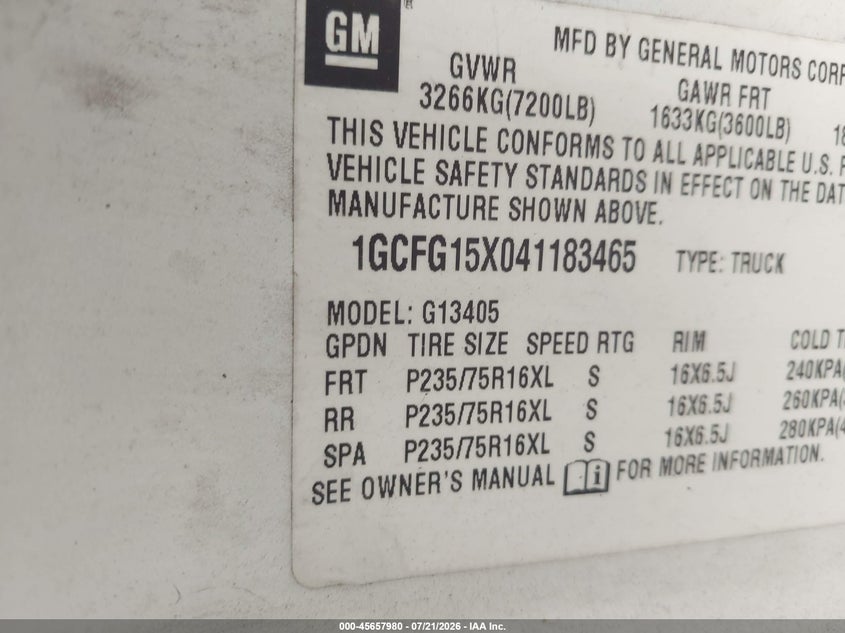 2004 Chevrolet Express VIN: 1GCFG15X041183465 Lot: 45657980
