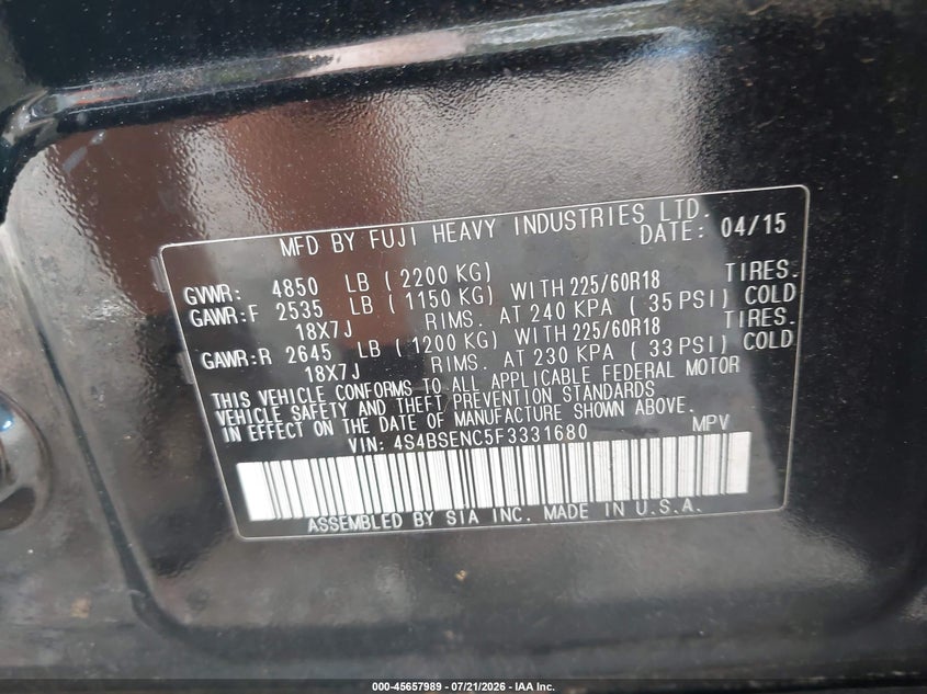 2015 Subaru Outback 3.6R Limited VIN: 4S4BSENC5F3331680 Lot: 45657989