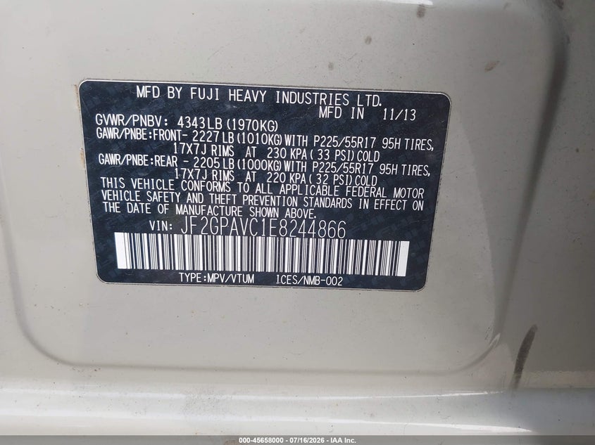 2014 Subaru Xv Crosstrek 2.0I Premium VIN: JF2GPAVC1E8244866 Lot: 45658000