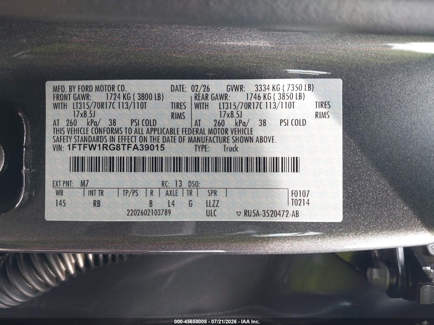 2026 Ford F-150 Raptor VIN: 1FTFW1RG8TFA39015 Lot: 45658008
