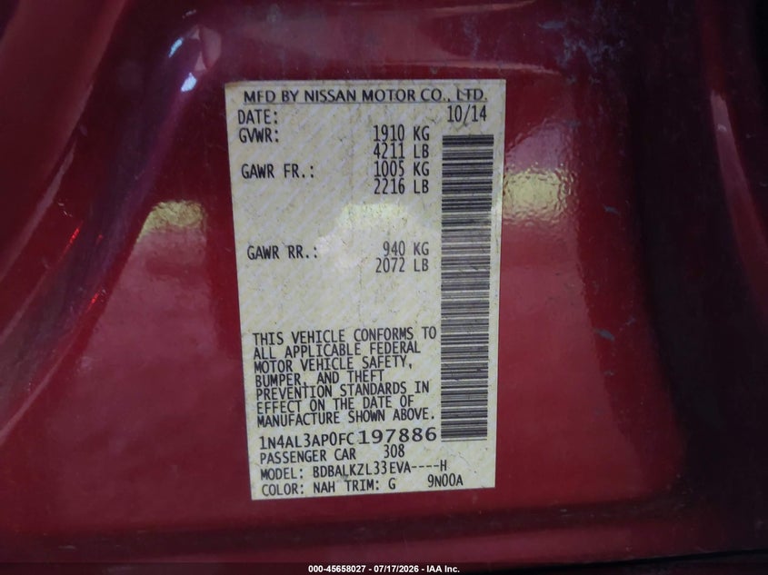 NISSAN ALTIMA 2015 VIN 1N4AL3AP0FC197886