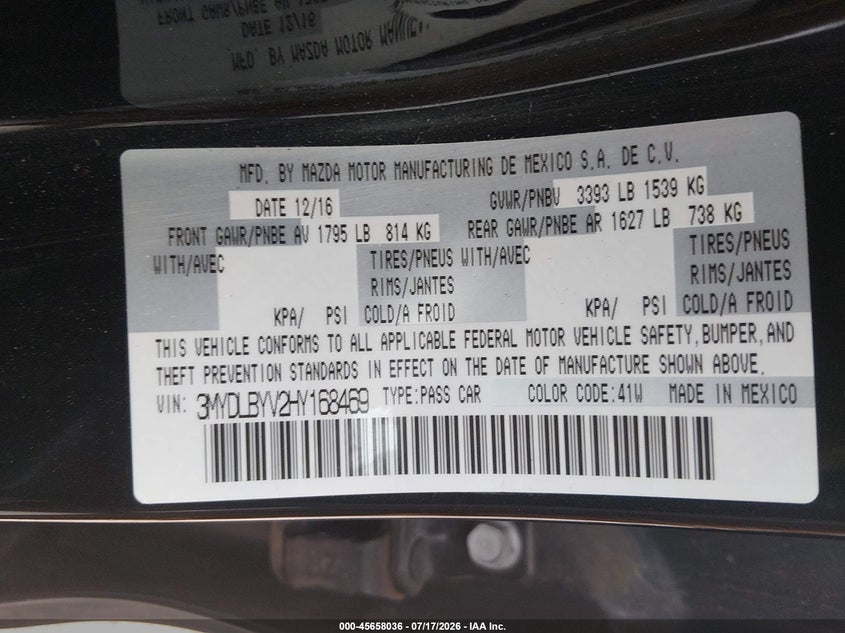 2017 Toyota Yaris Ia VIN: 3MYDLBYV2HY168469 Lot: 45658036