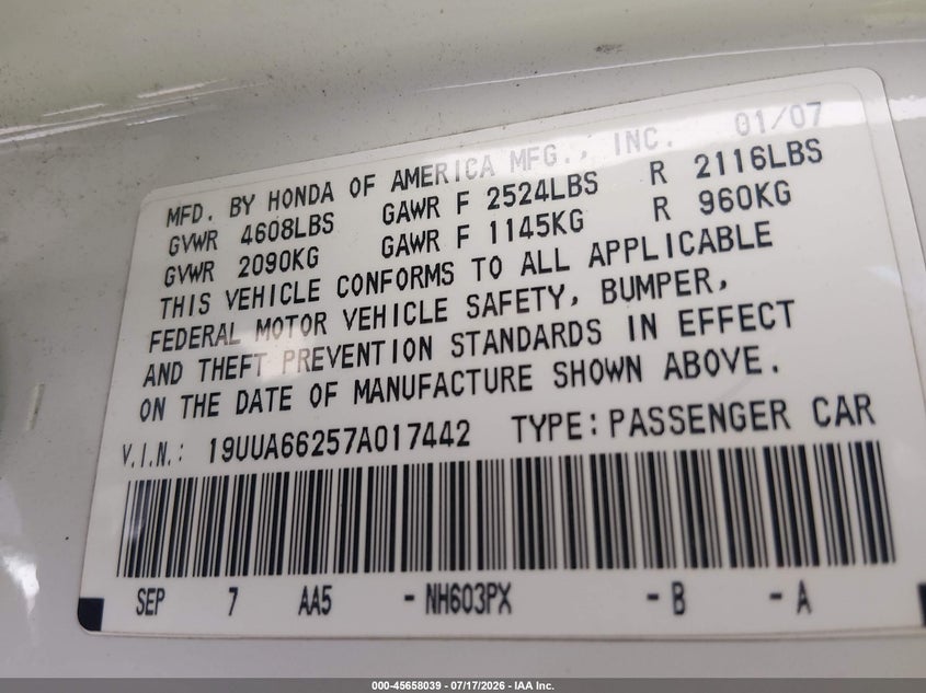 2007 Acura Tl 3.2 VIN: 19UUA66257A017442 Lot: 45658039