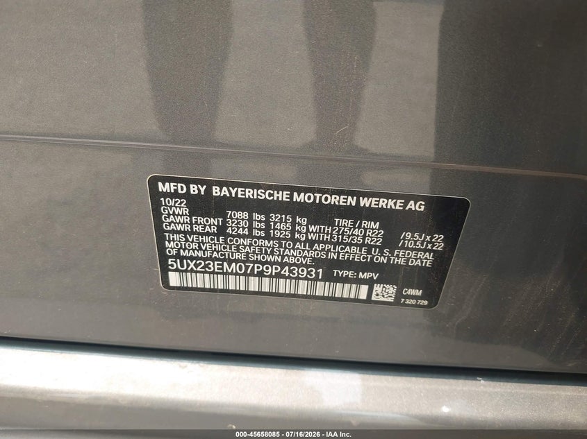 BMW X7 2023 VIN 5UX23EM07P9P43931