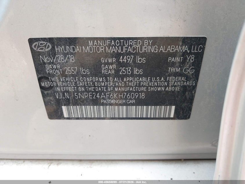 2019 Hyundai Sonata Se VIN: 5NPE24AF6KH760918 Lot: 45658099