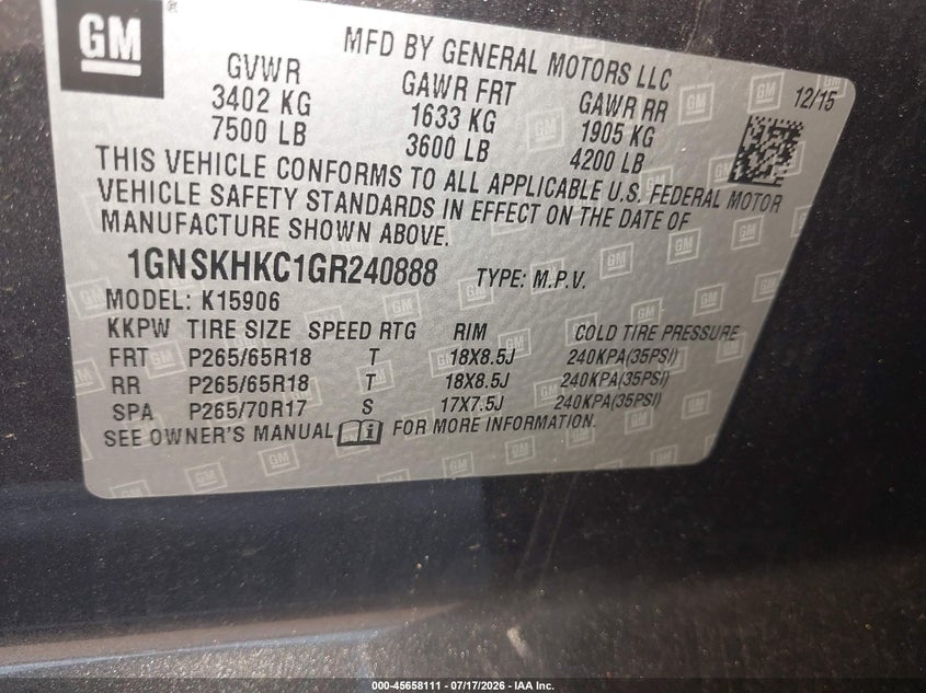 2016 Chevrolet Suburban Lt VIN: 1GNSKHKC1GR240888 Lot: 45658111