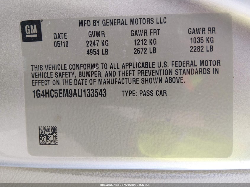 2010 Buick Lucerne Cxl VIN: 1G4HC5EM9AU133543 Lot: 45658133