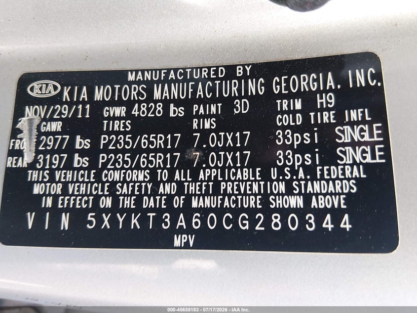 2012 Kia Sorento Lx VIN: 5XYKT3A60CG280344 Lot: 45658183