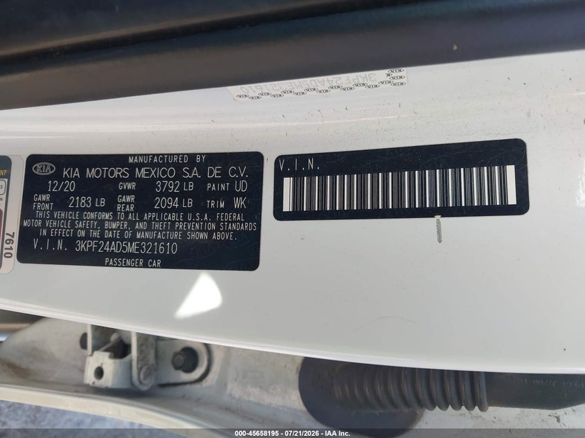 2021 Kia Forte Lxs VIN: 3KPF24AD5ME321610 Lot: 45658195