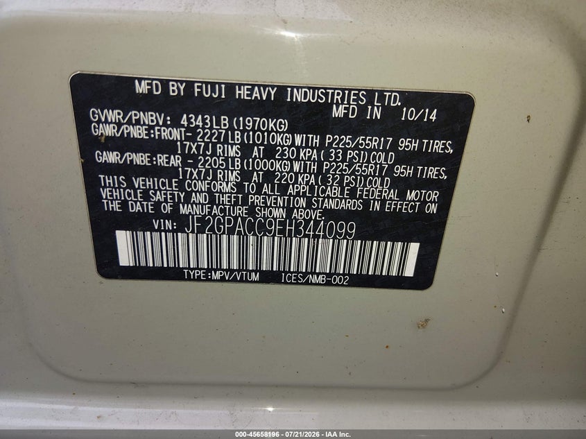 2014 Subaru Xv Crosstrek 2.0I Premium VIN: JF2GPACC9EH344099 Lot: 45658196