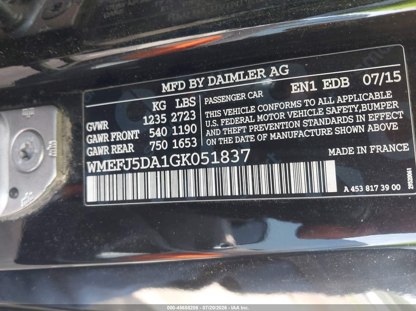 2016 Smart Fortwo Passion VIN: WMEFJ5DA1GK051837 Lot: 45658208