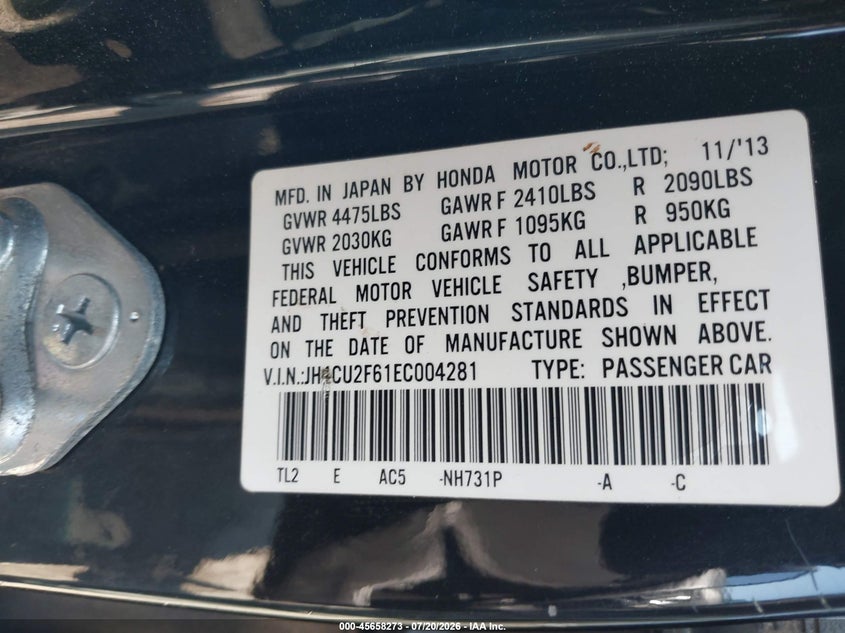 2014 Acura Tsx 2.4 VIN: JH4CU2F61EC004281 Lot: 45658273