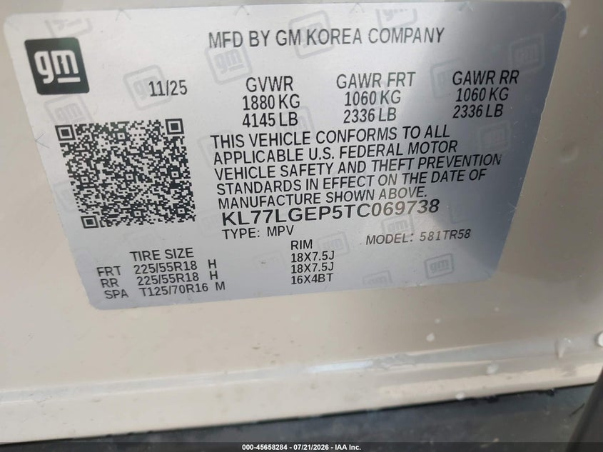 2026 Chevrolet Trax Fwd 1Rs VIN: KL77LGEP5TC069738 Lot: 45658284