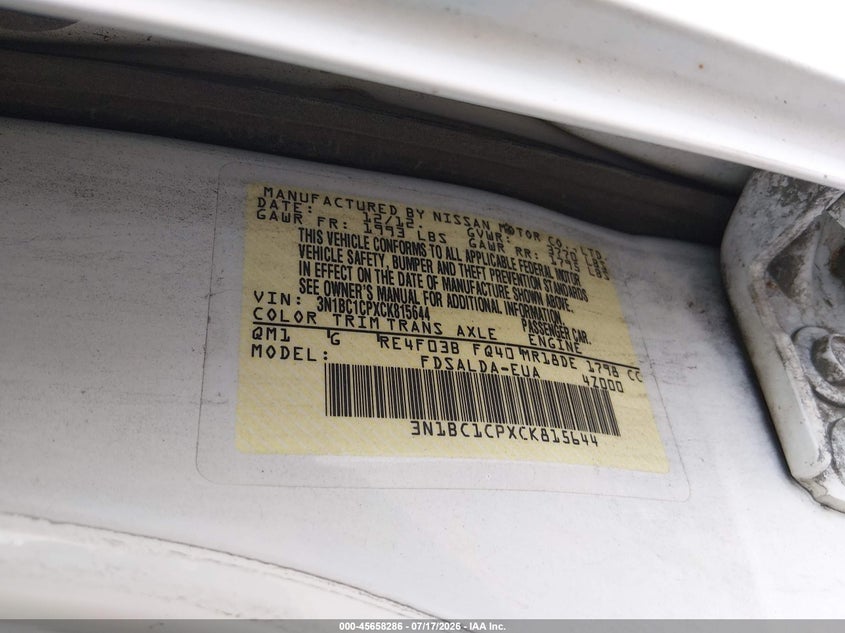 2012 Nissan Versa 1.8 S VIN: 3N1BC1CPXCK815644 Lot: 45658286