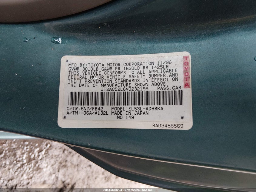 1997 Toyota Tercel Ce VIN: JT2AC52L6V0232196 Lot: 45658294