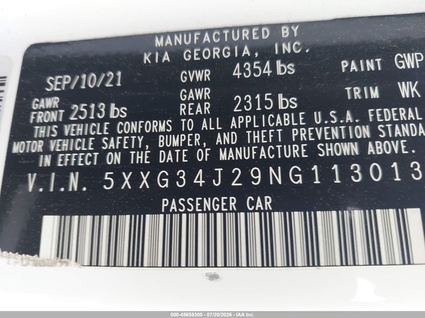 2022 Kia K5 Ex VIN: 5XXG34J29NG113013 Lot: 45658300