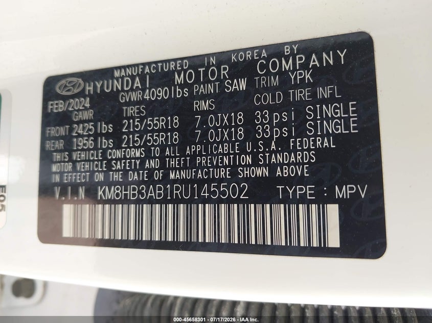 2024 Hyundai Kona Sel VIN: KM8HB3AB1RU145502 Lot: 45658301
