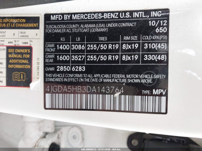 2013 Mercedes-Benz Ml 350 4Matic VIN: 4JGDA5HB3DA143764 Lot: 45658312