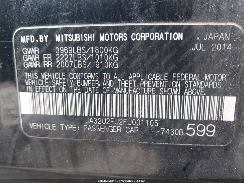 2015 Mitsubishi Lancer Es VIN: JA32U2FU2FU001105 Lot: 45658315