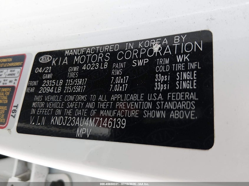 2021 Kia Soul S VIN: KNDJ23AU4M7146139 Lot: 45658331