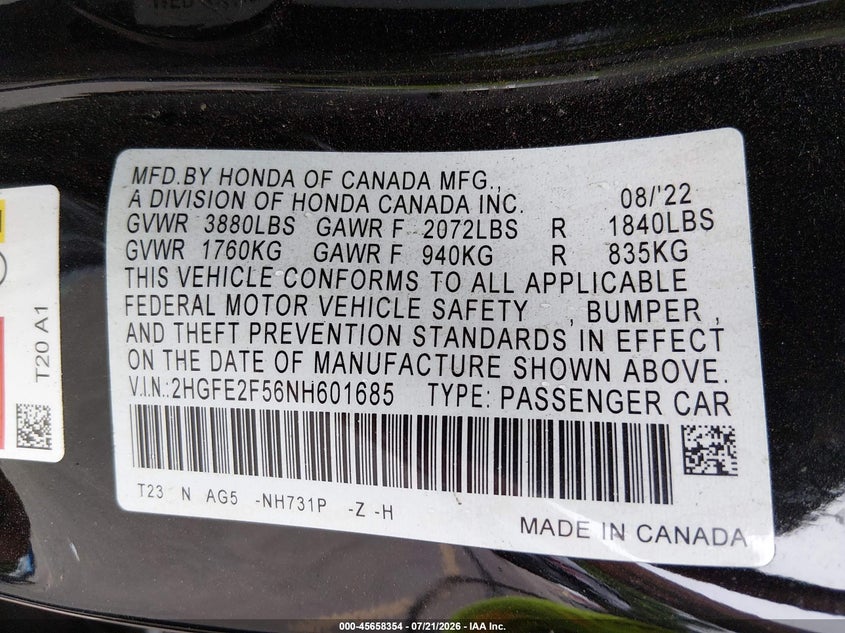 2022 Honda Civic Sport VIN: 2HGFE2F56NH601685 Lot: 45658354