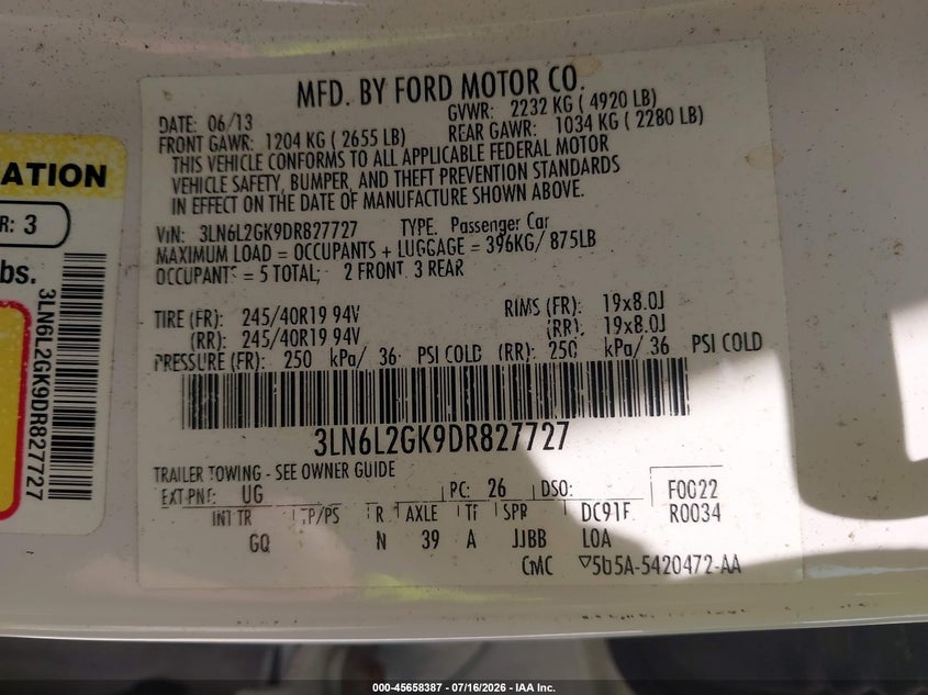 2013 Lincoln Mkz VIN: 3LN6L2GK9DR827727 Lot: 45658387