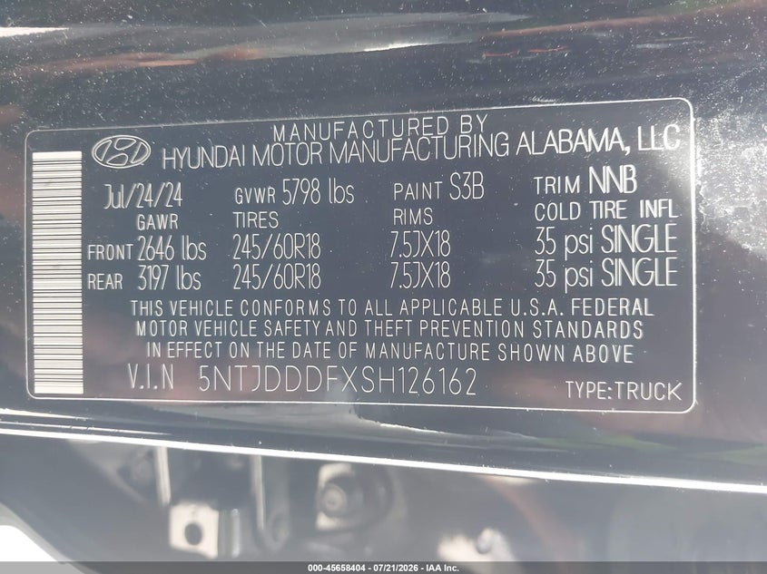 2025 Hyundai Santa Cruz Xrt VIN: 5NTJDDDFXSH126162 Lot: 45658404